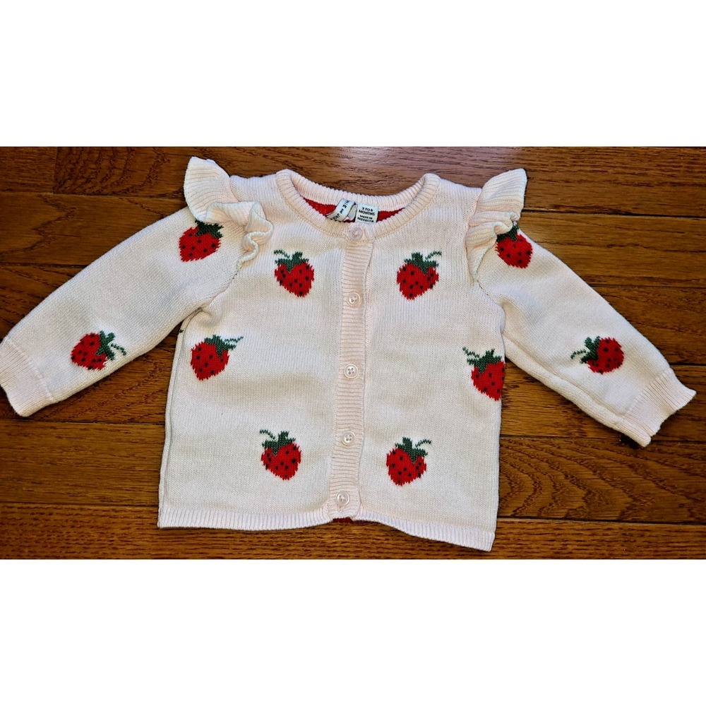 Janie And Jack Sweater Button Cardigan Pink‎ Strawberries 3/6 Mos Flare Shoulder